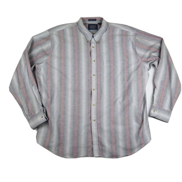 VINTAGE MEN'S GRAY & PINK STRIPED LONG SLEEVE BUTTON-UP SHIRT - 1857 MANHATTAN - Picture 1 of 3